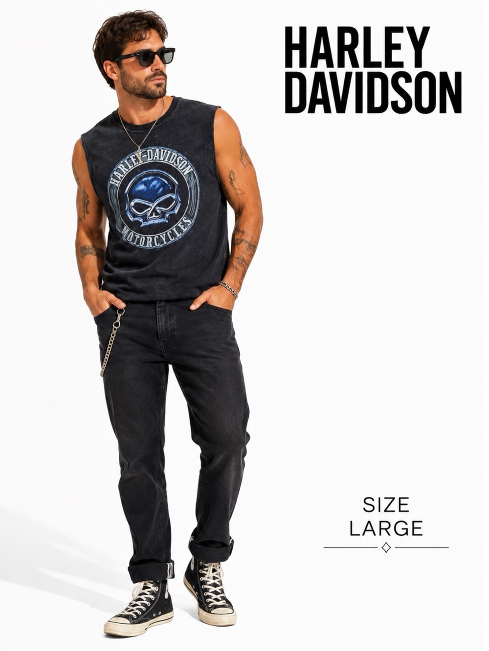 HARLEY DAVIDSON Black Acid Wash Skull Graphic Tank Top Size Large